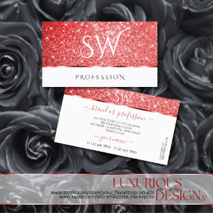 Luxury Ruby Red Glitter Sparkle Stars Monogram Business Card