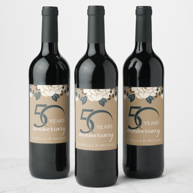Luxury Rustic Floral 50th Wedding Anniversary Wine Label (Bottles)