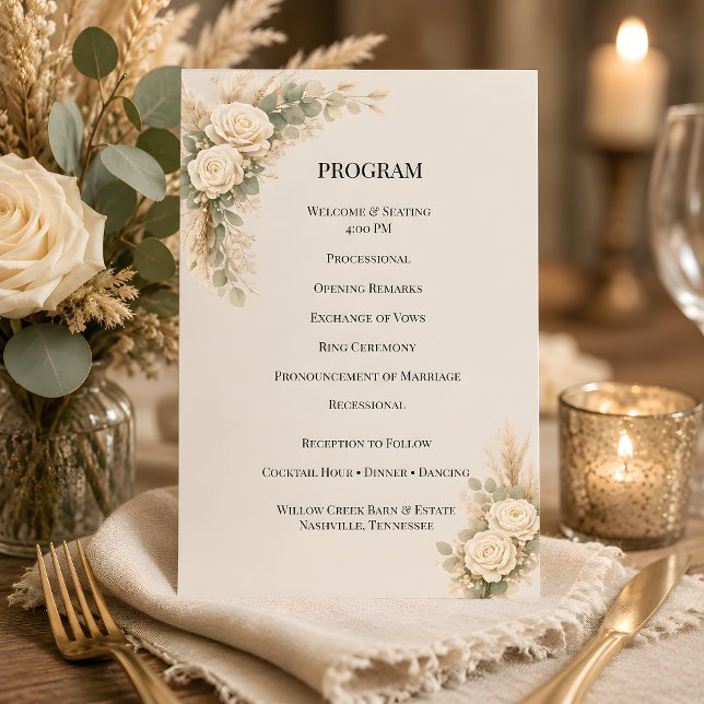 Luxury Rustic Floral With Pampas Grass Programme (Part of the luxury rustic wedding theme collection, program card)
