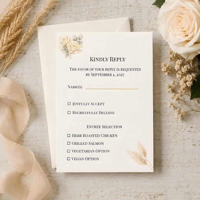 Luxury Rustic Rose With Pampas Grass RSVP Card (Part of the luxury rustic wedding theme collection, rsvp card)