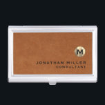 Luxury Sable Brown Leather Gold Monogram Business Card Holder<br><div class="desc">Simple modern design with luxury brushed metallic gold monogram medallion with personalised name and title or custom text below in classic block typography on a sable brown leather textured background. Personalise for your custom use.</div>