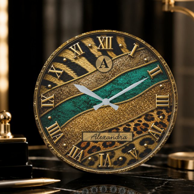 Luxury Safari Leopard Zebra Glitter Custom Name Large Clock (Creator Uploaded)