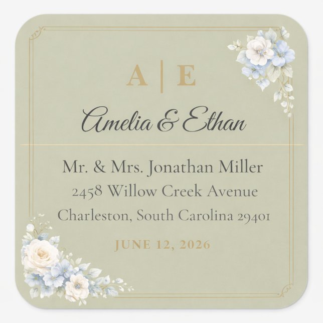 Luxury Sage Floral Wedding Address Sticker (Sage green floral wedding label with elegant typography and timeless romantic charm)