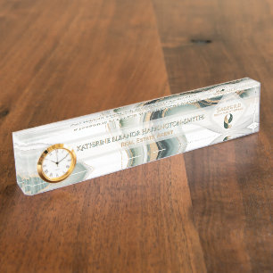 Luxury Sage Gold Marble Plus Clock Realtor Office Nameplate