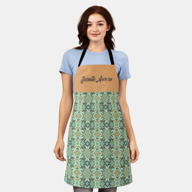 Luxury Sage Green Geometric Tribal Seamless Apron (Worn)
