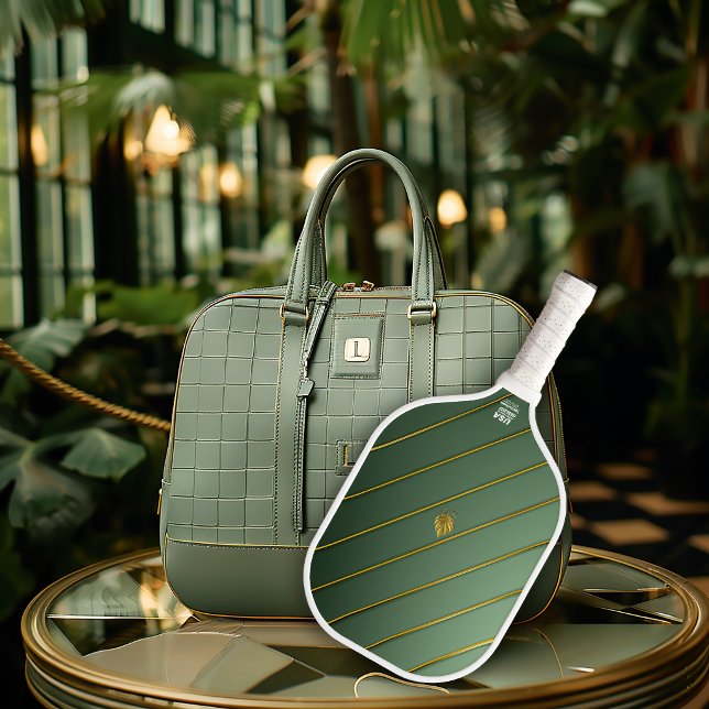 Luxury Sage Green & Gold Monogrammed  Pickleball Paddle (Monogrammed Chic Sage Green Pickleball Paddle )