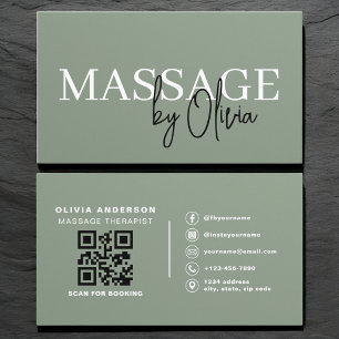 Luxury Sage Green Massage Therapist QR Code  Business Card