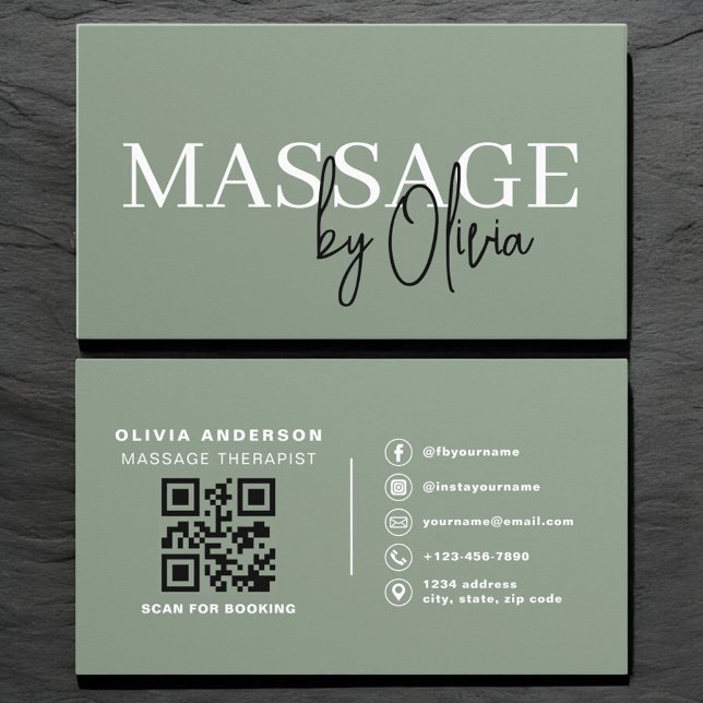 Luxury Sage Green Massage Therapist QR Code  Business Card (Creator Uploaded)