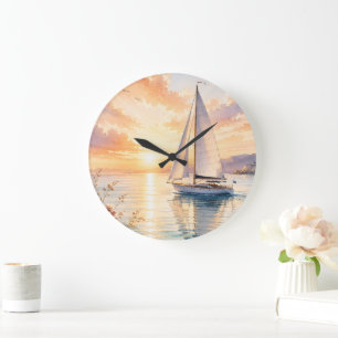 Luxury Sailboat at Sunrise Watercolor Large Clock