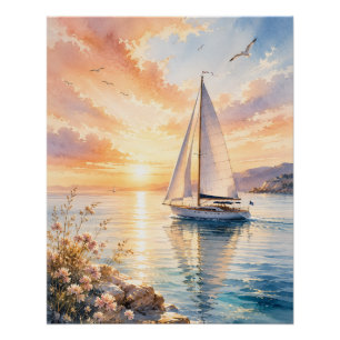 Luxury Sailboat at Sunrise Watercolor Poster