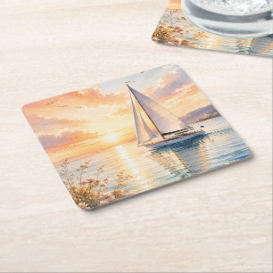 Luxury Sailboat at Sunrise Watercolor Square Paper Coaster