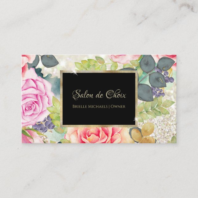 Luxury Salon Elegant Glitter Rose Floral Stylist Business Card (Front)