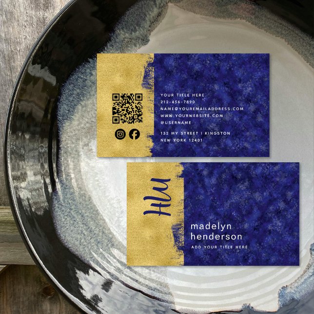 Luxury Sapphire Gold Brush QR Code Social Media  Business Card (Creator Uploaded)