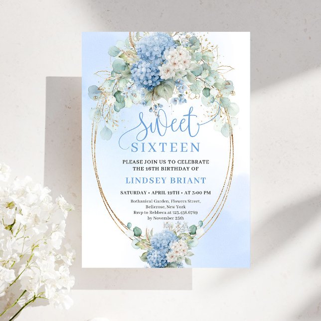 Luxury Script Blue Hydrangeas Sweet Sixteen Invite (Luxury Script Blue Hydrangeas Sweet Sixteen Invite)