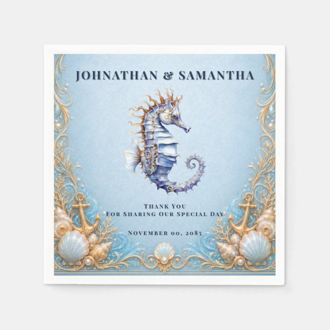 Luxury seahorse beach theme wedding anchor shells napkin (Front)