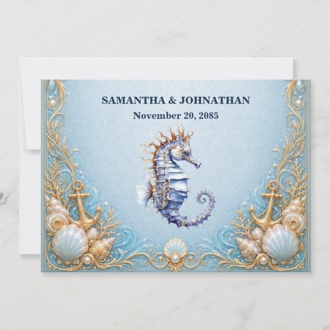 Luxury seahorse nautical theme wedding  invitation (Front)