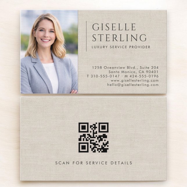 Luxury Service Provider Linen Photo QR Code Business Card (Creator Uploaded)