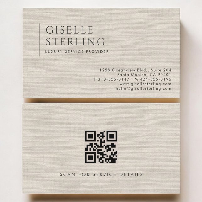 Luxury Service Provider Neutral Linen QR Code Business Card (Creator Uploaded)