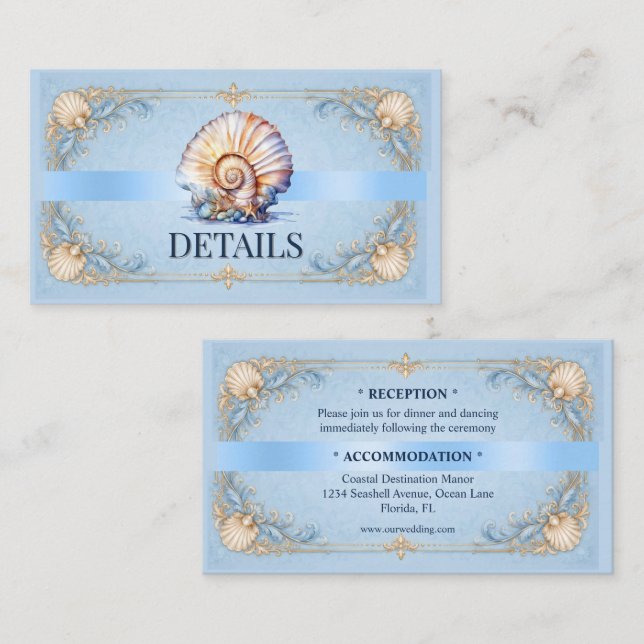 Luxury shell wedding details beach theme enclosure card (Front/Back)