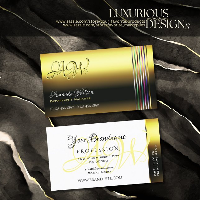 Luxury Shimmering Golden Colourful Stripes Initial Business Card (Creator Uploaded)