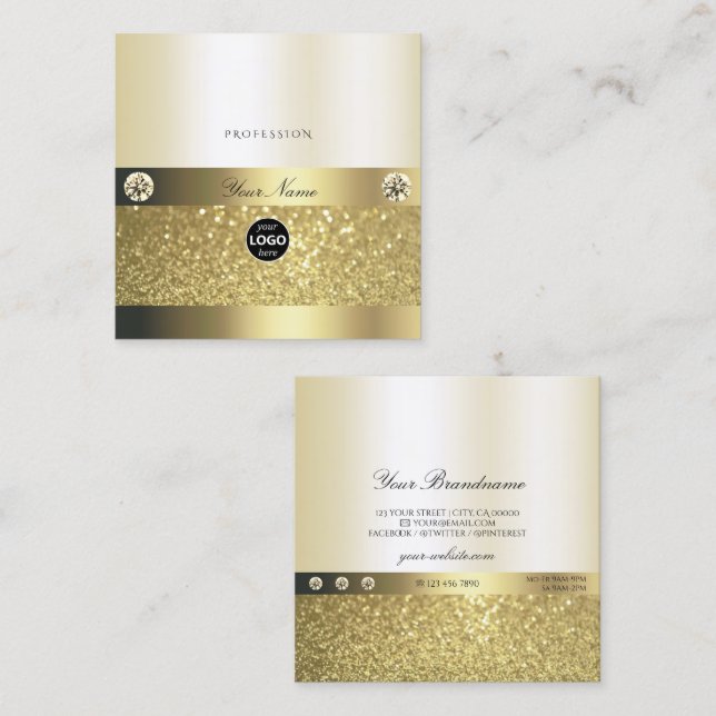 Luxury Shimmery Gold Luminous Glitter Logo Elegant Square Business Card (Front/Back)