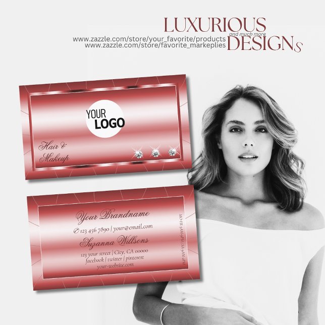 Luxury Shimmery Red Modern with Diamonds and Logo Business Card (Creator Uploaded)