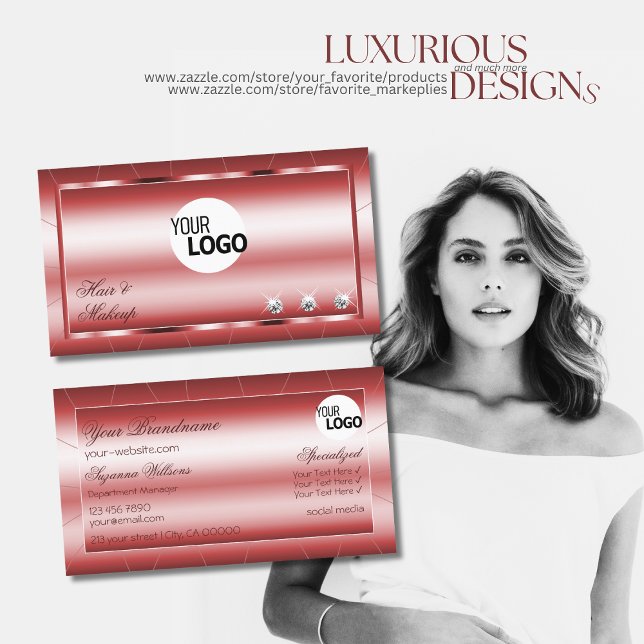 Luxury Shimmery Red Stylish with Diamonds and Logo Business Card (Creator Uploaded)