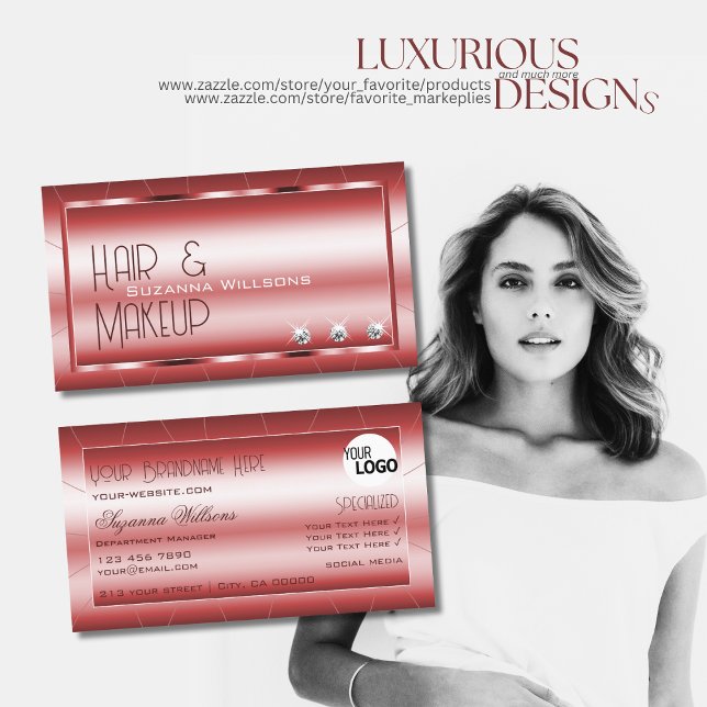Luxury Shimmery Red with Diamonds and Logo Glamour Business Card (Creator Uploaded)