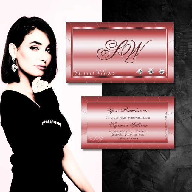 Luxury Shimmery Red with Diamonds and Monogram Business Card (Creator Uploaded)