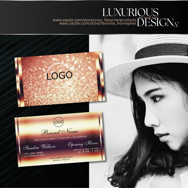 Luxury Shimmery Rose Gold Sparkle Glitter and Logo Business Card (Creator Uploaded)