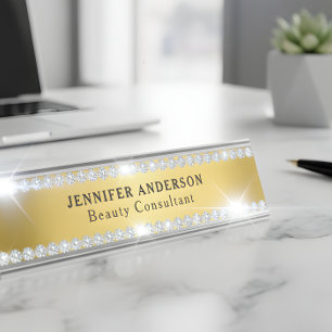 Luxury Shiny Gold And Glitter Diamond  Desk Name Plate
