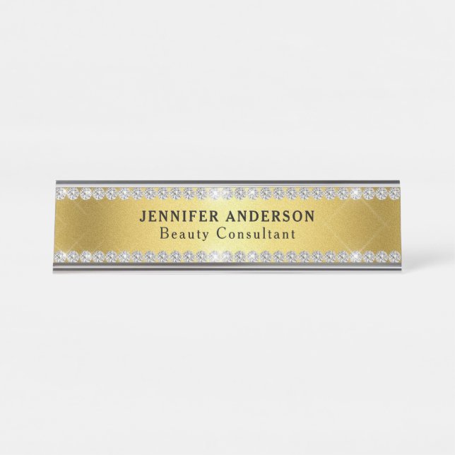 Luxury Shiny Gold And Glitter Diamond  Desk Name Plate (Front)
