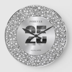 Luxury Silver 25th Anniversary Black & Grey Glitte Large Clock