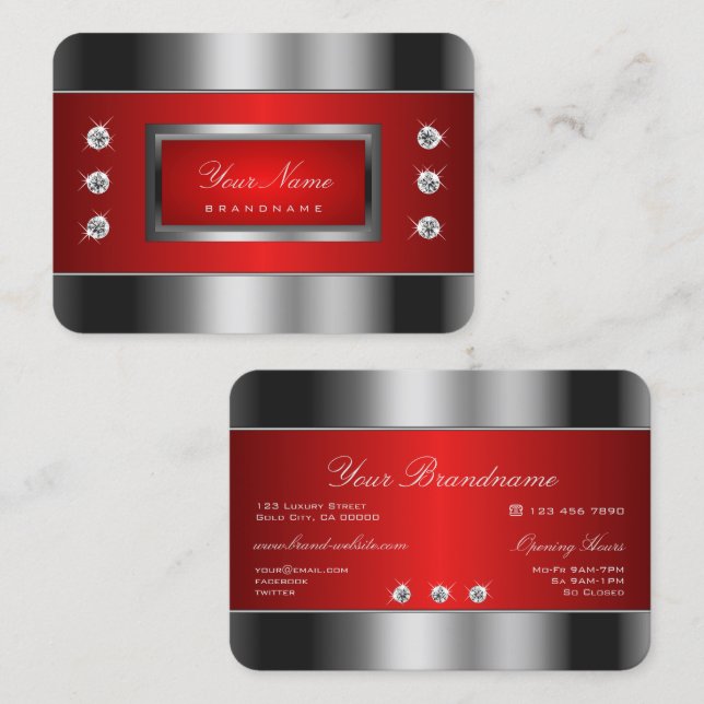 Luxury Silver and Red with Shimmery Rhinestones Business Card (Front/Back)
