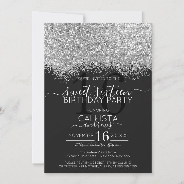 Luxury Silver Black Glitter Confetti Sweet 16 Invitation (Front)