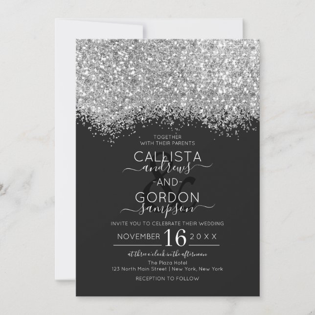 Luxury Silver Black Glitter Confetti Wedding Invitation (Front)