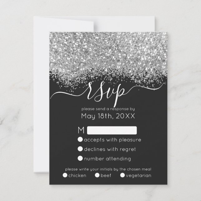 Luxury Silver Black Glitter Confetti Wedding RSVP Card (Front)
