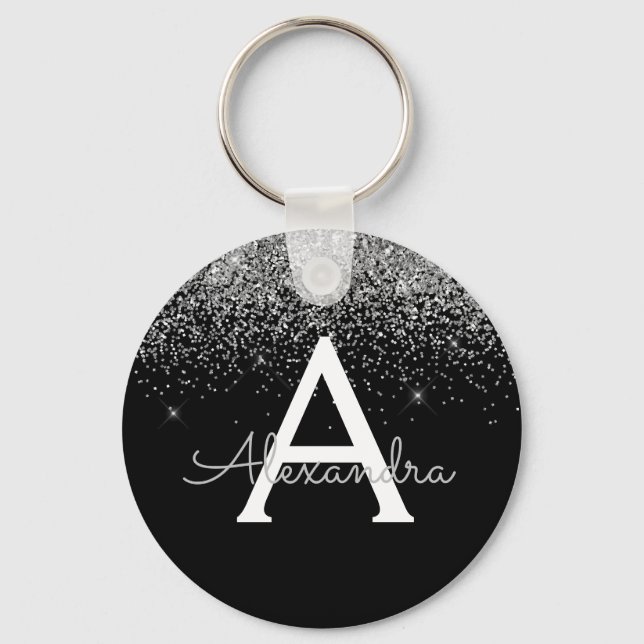 Luxury Silver Black Glitter Monogram Key Ring (Front)