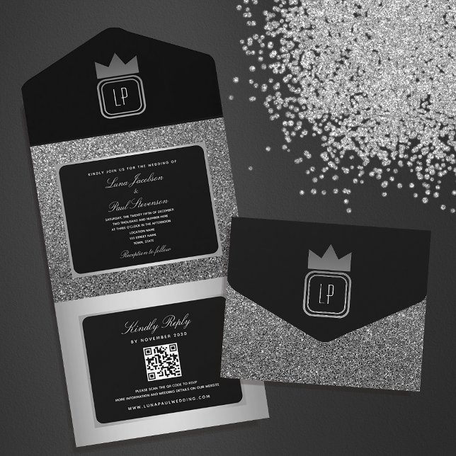 Luxury Silver Black Glitter Monogram Wedding All In One Invitation (Creator Uploaded)