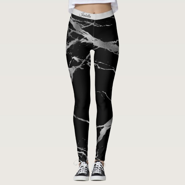Luxury Silver Black Marble Add Text Leggings (Front)