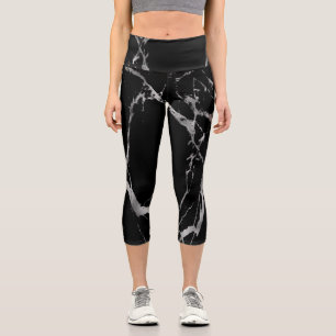 Luxury Silver Black Marble Capri Leggings