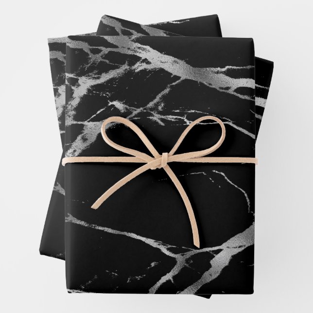 Luxury Silver Black Marble Customise Wrapping Paper Sheet (In situ)
