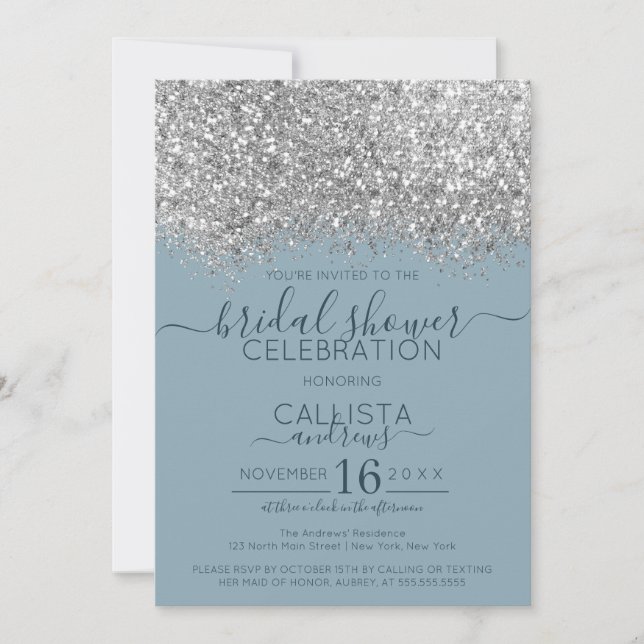 Luxury Silver Blue Glitter Confetti Bridal Shower Invitation (Front)