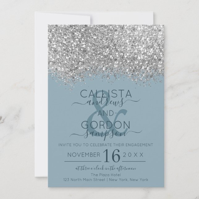 Luxury Silver Blue Glitter Confetti Engagement Invitation (Front)