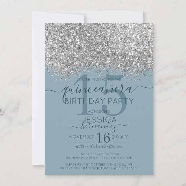 Luxury Silver Blue Glitter Confetti Quinceañera Invitation (Front)