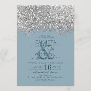 Luxury Silver Blue Glitter Confetti Wedding Invitation