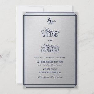 Luxury Silver Blue Monogram Wedding Invitation