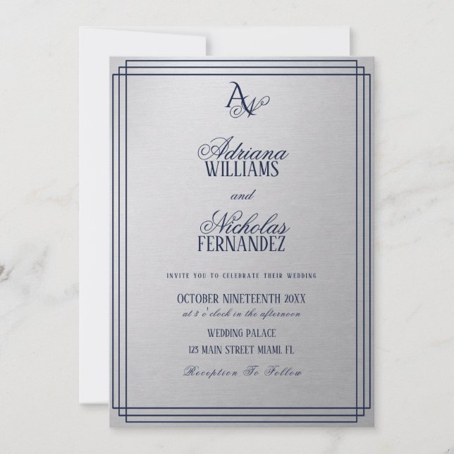 Luxury Silver Blue Monogram Wedding Invitation (Front)