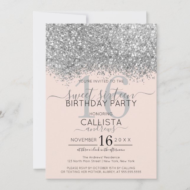 Luxury Silver Blush Glitter Confetti Sweet 16 Invitation (Front)