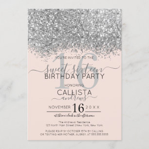 Luxury Silver Blush Glitter Confetti Sweet 16 Invitation